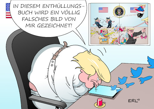 Cartoon: Enthüllungsbuch (medium) by Erl tagged politik,usa,präsident,donald,trump,rechtspopulismus,nationalismus,rassismus,enthüllungsbuch,journalist,autor,bob,woodward,weißes,haus,irrenhaus,mitarbeiter,entsetzen,unfähigkeit,narzissmus,verwirrtheit,dementi,twitter,karikatur,erl,politik,usa,präsident,donald,trump,rechtspopulismus,nationalismus,rassismus,enthüllungsbuch,journalist,autor,bob,woodward,weißes,haus,irrenhaus,mitarbeiter,entsetzen,unfähigkeit,narzissmus,verwirrtheit,dementi,twitter,karikatur,erl