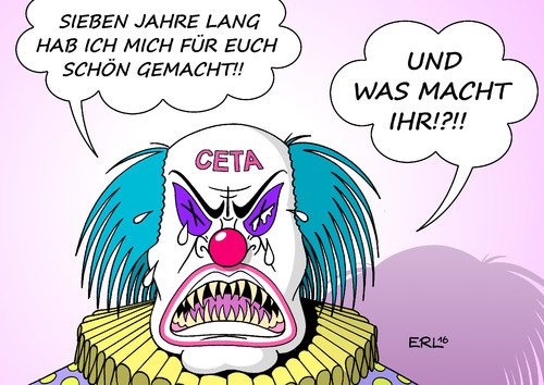 Cartoon: Enttäuschung (medium) by Erl tagged ceta,freihandelsabkommen,eu,kanada,unterschrift,blockade,belgien,sieben,jahre,vorbereitung,geheim,verhandlungen,zölle,handel,wachstum,verbraucherschutz,umweltschutz,schiedsgerichte,konzerne,investitionen,schutz,horrorclown,clown,schrecken,karikatur,erl,ceta,freihandelsabkommen,eu,kanada,unterschrift,blockade,belgien,sieben,jahre,vorbereitung,geheim,verhandlungen,zölle,handel,wachstum,verbraucherschutz,umweltschutz,schiedsgerichte,konzerne,investitionen,schutz,horrorclown,clown,schrecken,karikatur,erl