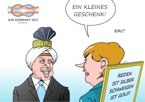 Cartoon: Erdogan (medium) by Erl tagged g20,gipfel,hamburg,deutschland,industrienationen,treffen,weltpolitik,präsident,erdogan,sultan,türkei,einführung,präsidialsystem,abbau,demokratie,plan,rede,anhänger,zeit,nähe,bundestagswahl,verbot,bundesregierung,bundeskanzlerin,angela,merkel,geschenk,bild,sprichwort,reden,silber,schweigen,gold,karikatur,erl,g20,gipfel,hamburg,deutschland,industrienationen,treffen,weltpolitik,präsident,erdogan,sultan,türkei,einführung,präsidialsystem,abbau,demokratie,plan,rede,anhänger,zeit,nähe,bundestagswahl,verbot,bundesregierung,bundeskanzlerin,angela,merkel,geschenk,bild,sprichwort,reden,silber,schweigen,gold,karikatur,erl