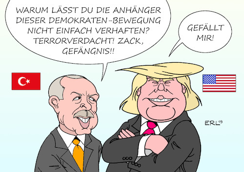 Cartoon: Erdogan bei Trump (medium) by Erl tagged politik,erdogan,türkei,besuch,usa,donald,trump,präsident,impeachment,amtsenthebungsverfahren,demokraten,tipp,verhaftungen,terrorverdacht,gülen,bewegung,aushöhlung,demokratie,rechtspopulismus,karikatur,erl,politik,erdogan,türkei,besuch,usa,donald,trump,präsident,impeachment,amtsenthebungsverfahren,demokraten,tipp,verhaftungen,terrorverdacht,gülen,bewegung,aushöhlung,demokratie,rechtspopulismus,karikatur,erl