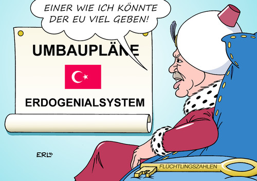 Cartoon: Erdogan Umbau Türkei (medium) by Erl tagged türkei,präsident,erdogan,umbau,präsidialsystem,putsch,versuch,säuberung,verhaftungen,entlassungen,abbau,grundrechte,meinungsfreiheit,pressefreiheit,demokratie,kritik,eu,beitrittsgespräche,einfrieren,mitgliedschaft,flüchtlinge,flüchtlingsabkommen,flüchtlingszahlen,sultan,schlüssel,karikatur,erl,türkei,präsident,erdogan,umbau,präsidialsystem,putsch,versuch,säuberung,verhaftungen,entlassungen,abbau,grundrechte,meinungsfreiheit,pressefreiheit,demokratie,kritik,eu,beitrittsgespräche,einfrieren,mitgliedschaft,flüchtlinge,flüchtlingsabkommen,flüchtlingszahlen,sultan,schlüssel,karikatur,erl