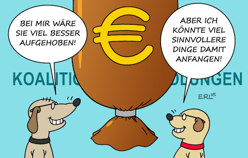 Cartoon: Es geht um die Wurst (medium) by Erl tagged politik,koaltionsverhandlungen,cdu,csu,spd,finanzpaket,milliarden,verteilung,hund,wurst,karikatur,erl,politik,koaltionsverhandlungen,cdu,csu,spd,finanzpaket,milliarden,verteilung,hund,wurst,karikatur,erl