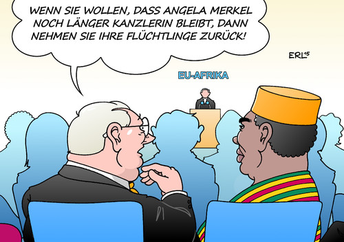 Cartoon: EU-Afrika (medium) by Erl tagged treffen,eu,afrika,flüchtlinge,europa,entwicklungshilfe,geld,rücknahme,flüchtlingskrise,bundeskanzlerin,angela,merkel,gefahr,kanzlerschaft,amt,cdu,csu,karikatur,erl,treffen,eu,afrika,flüchtlinge,europa,entwicklungshilfe,geld,rücknahme,flüchtlingskrise,bundeskanzlerin,angela,merkel,gefahr,kanzlerschaft,amt,cdu,csu,karikatur,erl