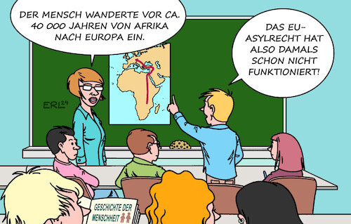 Cartoon: EU-Asylrecht (medium) by Erl tagged politik,eu,asylrecht,reform,migration,zuwanderung,eindämmung,abschreckung,festung,europa,geschichte,menschheit,menschen,mensch,homo,sapiens,wanderung,afrika,schule,unterricht,lehrerin,schülerinnen,schüler,karikatur,erl,politik,eu,asylrecht,reform,migration,zuwanderung,eindämmung,abschreckung,festung,europa,geschichte,menschheit,menschen,mensch,homo,sapiens,wanderung,afrika,schule,unterricht,lehrerin,schülerinnen,schüler,karikatur,erl