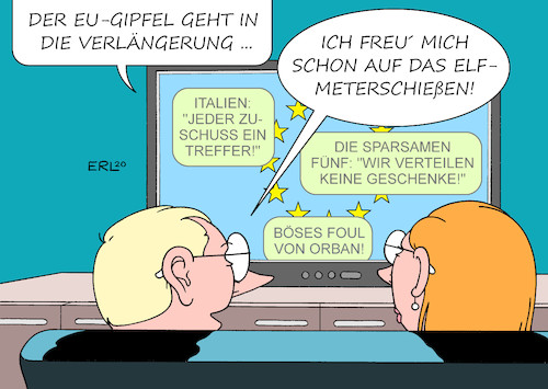 Cartoon: EU-Gipfel (medium) by Erl tagged politik,corona,virus,pandemie,gesundheit,einbruch,wirtschaft,konjunktur,eu,gipfel,beratung,wiederaufbau,geld,hilfen,streit,darlehen,schulden,zuschuss,eurobonds,sparkurs,solidarität,solidität,spaltung,nord,süd,ost,west,orban,rechtsstaatlichkeit,blockade,karikatur,erl,politik,corona,virus,pandemie,gesundheit,einbruch,wirtschaft,konjunktur,eu,gipfel,beratung,wiederaufbau,geld,hilfen,streit,darlehen,schulden,zuschuss,eurobonds,sparkurs,solidarität,solidität,spaltung,nord,süd,ost,west,orban,rechtsstaatlichkeit,blockade,karikatur,erl