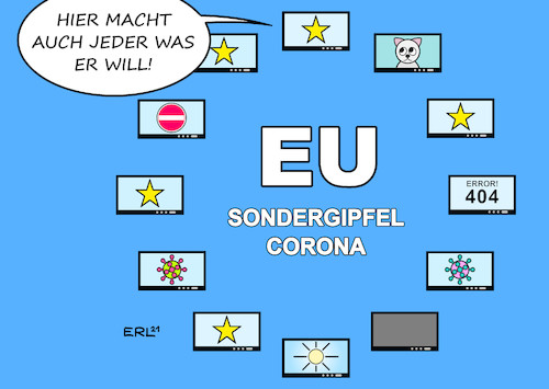 Cartoon: EU-Videokonferenz (medium) by Erl tagged politik,corona,virus,pandemie,lockdown,impfung,impfstoff,mutationen,grenzen,grenzkontrollen,schließungen,eu,gipfel,sondergipfel,einheit,gemeinsamkeit,europa,flagge,karikatur,erl,politik,corona,virus,pandemie,lockdown,impfung,impfstoff,mutationen,grenzen,grenzkontrollen,schließungen,eu,gipfel,sondergipfel,einheit,gemeinsamkeit,europa,flagge,karikatur,erl