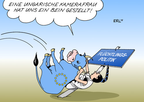 Cartoon: EU (medium) by Erl tagged flüchtlinge,eu,ungarn,rechtsextremismus,fremdenfeindlichkeit,fernsehen,kamerafrau,bein,stellen,mann,kind,flüchtlingspolitik,europa,stier,mangelhaft,kritik,juncker,schild,karikatur,erl,flüchtlinge,eu,ungarn,rechtsextremismus,fremdenfeindlichkeit,fernsehen,kamerafrau,bein,stellen,mann,kind,flüchtlingspolitik,europa,stier,mangelhaft,kritik,juncker,schild,karikatur,erl