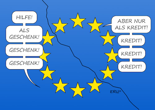 Cartoon: EU (medium) by Erl tagged politik,corona,virus,pandemie,eu,wirtschaft,konjunktur,einbruch,italien,spanien,hilfen,die,sparsamen,vier,niederlande,österreich,schweden,dänemark,kredit,streit,riss,flagge,europa,geld,karikatur,erl,politik,corona,virus,pandemie,eu,wirtschaft,konjunktur,einbruch,italien,spanien,hilfen,die,sparsamen,vier,niederlande,österreich,schweden,dänemark,kredit,streit,riss,flagge,europa,geld,karikatur,erl