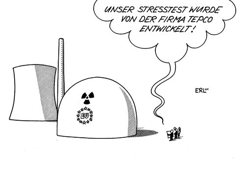 Cartoon: EU AKW Stresstest (medium) by Erl tagged atomkraft,atomenergie,atomkraftwerk,stresstest,überprüfung,lasch,europa,japan,fukushima,gau,energiekonzern,tepco