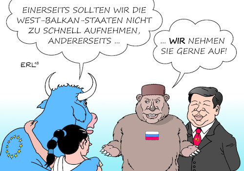 Cartoon: EU Aufnahme Balkanländer (medium) by Erl tagged politik,eu,beitritt,kandidaten,balkan,westbalkan,serbien,bosnien,und,herzegowina,montenegro,mazedonien,kosovo,albanien,aufnahme,eile,vorsicht,engagement,russland,präsident,wladimir,putin,china,staatschef,xi,jin,ping,macht,einfluß,instabilität,europa,stier,karikatur,erl,politik,eu,beitritt,kandidaten,balkan,westbalkan,serbien,bosnien,und,herzegowina,montenegro,mazedonien,kosovo,albanien,aufnahme,eile,vorsicht,engagement,russland,präsident,wladimir,putin,china,staatschef,xi,jin,ping,macht,einfluß,instabilität,europa,stier,karikatur,erl