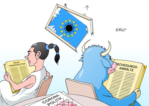 Cartoon: EU Coronapolitik (medium) by Erl tagged politik,corona,pandemie,virus,krise,italien,shutdown,massnahmen,schulden,eu,gemeinsam,schuldenaufnahme,haftung,coronabonds,eurobonds,ablehnung,deutschland,arm,gegen,reich,solidarität,einigkeit,europa,stier,paartherapie,scheidung,karikatur,erl,politik,corona,pandemie,virus,krise,italien,shutdown,massnahmen,schulden,eu,gemeinsam,schuldenaufnahme,haftung,coronabonds,eurobonds,ablehnung,deutschland,arm,gegen,reich,solidarität,einigkeit,europa,stier,paartherapie,scheidung,karikatur,erl