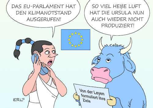 Cartoon: EU Klimanotstand (medium) by Erl tagged politik,eu,klimanotstand,klima,klimawandel,erderwärmung,klimaschutz,notstand,symbol,handeln,kommission,neu,kommissionspräsidentin,ursula,von,der,leyen,ziele,heiße,luft,europa,stier,karikatur,erl,politik,eu,klimanotstand,klima,klimawandel,erderwärmung,klimaschutz,notstand,symbol,handeln,kommission,neu,kommissionspräsidentin,ursula,von,der,leyen,ziele,heiße,luft,europa,stier,karikatur,erl