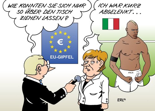 Cartoon: EU Merkel (medium) by Erl tagged eu,gipfel,europa,euro,krise,schulden,sparen,sparkurs,wachstum,eurobonds,anleihen,ezb,italien,spanien,fußball,em,europameisterschaft,halbfinale,deutschland,aus,tor,mario,balotelli,bundeskanzlerin,angela,merkel,eu,gipfel,europa,euro,krise,sparen,eurobonds