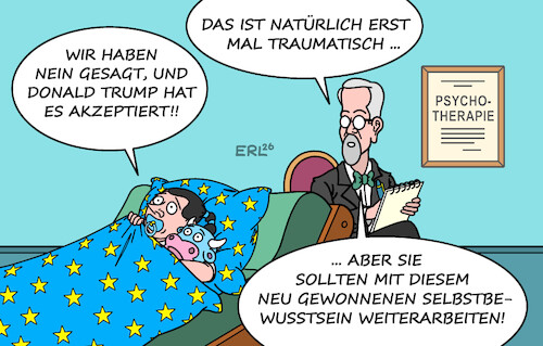Cartoon: EU Psychotherapie (medium) by Erl tagged politik,usa,trump,anspruch,grönland,zölle,eu,nein,gegenwehr,erfolg,trauma,psychtherapie,europa,stier,karikatur,erl,politik,usa,trump,anspruch,grönland,zölle,eu,nein,gegenwehr,erfolg,trauma,psychtherapie,europa,stier,karikatur,erl