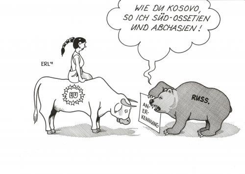 Cartoon: EU Russland (medium) by Erl tagged eu,russland,kaukasus,konflikt,krieg,rache,anerkennung,kosovo,südossetien,abchasien,hegemonie,macht,einfluss,europa,stier,bär,russischer bär,abspaltung,autonomie,beitrittsversuch,bodenschatz,dmitri medwedew,einmarsch,fremdherrschaft,gebietsanspruch,georgien,kaukasuskonflikt,kolonialpolitik,kriegszustand,michail saakaschwili,unabhängigkeit,wladimir putin,russischer,dmitri,medwedew,michail,saakaschwili,wladimir,putin