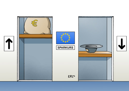 Cartoon: EU Sparkurs (medium) by Erl tagged eu,europa,euro,krise,banken,schulden,sparkurs,spardiktat,sparen,armut,umverteilung,unten,oben,paternoster,aufzug,geldsack,geld,hut,betteln,eu,europa,euro,krise,banken,schulden,sparkurs,spardiktat,sparen,armut,umverteilung,unten,oben,paternoster,aufzug,geldsack,geld,hut,betteln