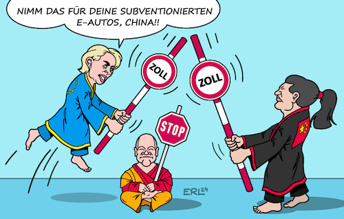 Cartoon: EU Strafzölle (medium) by Erl tagged politik,handel,auto,elektroauto,china,subvention,eu,strafzölle,deutschland,ablehnung,von,der,leyen,scholz,xi,karikatur,erl,politik,handel,auto,elektroauto,china,subvention,eu,strafzölle,deutschland,ablehnung,von,der,leyen,scholz,xi,karikatur,erl