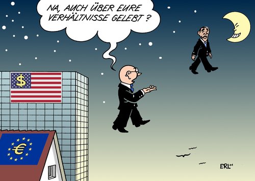 Cartoon: EU USA (medium) by Erl tagged china,gläubiger,absturz,finanzen,haushalt,leben,verhältnisse,die,über,verschwendung,verschwenden,sparen,krise,schulden,dollar,usa,euro,eu,eu,euro,usa,schulden,sparen,verschwenden,verschwendung,über,verhältnisse