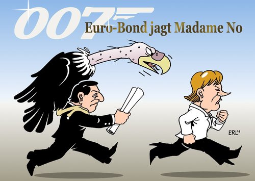 Cartoon: Euro-Bond jagt Madame No (medium) by Erl tagged euro,europa,eu,schulden,krise,anleihen,kredite,staatsanleihen,eurobonds,transferunion,kommission,präsident,barroso,bundeskanzlerin,angela,merkel,madame,no,nein,james,bond,agent,geheimagent,film,eu,europa,euro,schulden,krise,anleihen,kredite,staatsanleihen,eurobonds,transferunion,kommission,präsident,bundeskanzlerin,angela,merkel