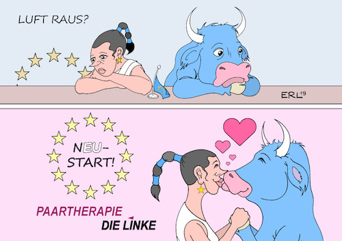 Cartoon: Europa Die Linke (medium) by Erl tagged politik,partei,die,linke,europawahl,position,eu,neustart,sozial,gerecht,solidarisch,europa,stier,paar,krise,beziehungskrise,paartherapie,liebe,karikatur,erl,politik,partei,die,linke,europawahl,position,eu,neustart,sozial,gerecht,solidarisch,europa,stier,paar,krise,beziehungskrise,paartherapie,liebe,karikatur,erl