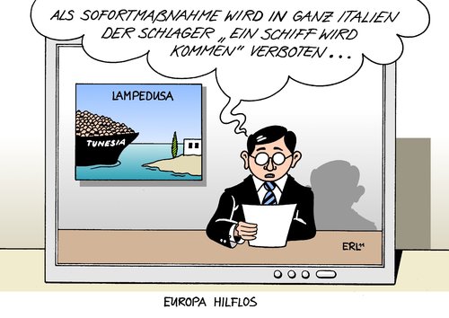 Cartoon: Europa hilflos (medium) by Erl tagged tunesien,revolution,reisefreiheit,flucht,europa,italien,lampedusa,andrang,schiff,reaktion,hilflos,hilflosigkeit,verbot,schlager,lied,tunesien,revolution,reisefreiheit,flucht,europa,italien,lampedusa,andrang,schiff,reaktion,hilflos,hilflosigkeit,verbot,schlager