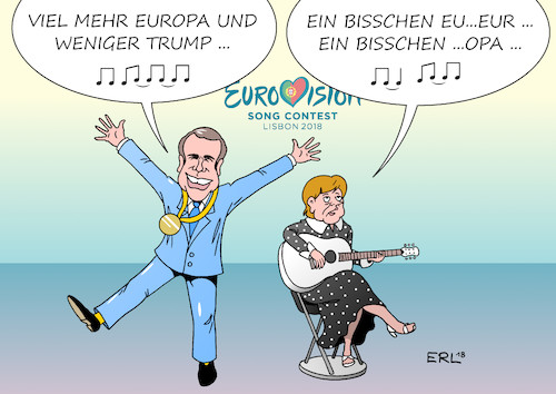 Cartoon: Eurovision (medium) by Erl tagged politik,eurovision,song,contest,esc,musik,lied,wettbewerb,ideen,europa,frankreich,emmanuel,macron,europäische,union,einigung,eu,vorschläge,zurückhaltung,deutschland,bundeskanzlerin,angela,merkel,ein,bisschen,frieden,nicole,sängerin,sänger,usa,präsident,donald,trump,rechtspopulismus,nationalismus,egoismus,karikatur,erl,politik,eurovision,song,contest,esc,musik,lied,wettbewerb,ideen,europa,frankreich,emmanuel,macron,europäische,union,einigung,eu,vorschläge,zurückhaltung,deutschland,bundeskanzlerin,angela,merkel,ein,bisschen,frieden,nicole,sängerin,sänger,usa,präsident,donald,trump,rechtspopulismus,nationalismus,egoismus,karikatur,erl