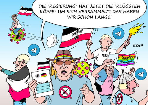 Cartoon: Expertenrat (medium) by Erl tagged politik,corona,virus,pandemie,covid19,regierung,ampel,experten,gremium,expertenrat,wissenschaft,kluge,köpfe,coronaleugner,impfgegner,querdenker,rechtsextremisten,proteste,radikalisierung,rechtsextremismus,vernetzung,social,media,telegram,hass,gewalt,karikatur,erl,politik,corona,virus,pandemie,covid19,regierung,ampel,experten,gremium,expertenrat,wissenschaft,kluge,köpfe,coronaleugner,impfgegner,querdenker,rechtsextremisten,proteste,radikalisierung,rechtsextremismus,vernetzung,social,media,telegram,hass,gewalt,karikatur,erl