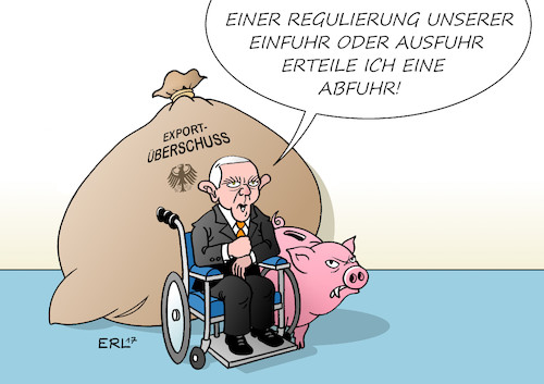 Cartoon: Exportüberschuss (medium) by Erl tagged exportüberschuss,deutschland,kritik,ausland,import,export,wettbewerb,vorteil,nachteil,erklärung,finanzminister,schäuble,tagung,iwf,weltbank,regulierung,steuerung,angebot,nachfrage,qualität,geld,finanzen,wirtschaft,handel,karikatur,erl,exportüberschuss,deutschland,kritik,ausland,import,export,wettbewerb,vorteil,nachteil,erklärung,finanzminister,schäuble,tagung,iwf,weltbank,regulierung,steuerung,angebot,nachfrage,qualität,geld,finanzen,wirtschaft,handel,karikatur,erl