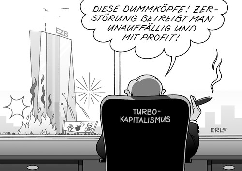 Cartoon: EZB (medium) by Erl tagged ezb,neubau,einweihung,protest,krawalle,gewalt,zerstörung,turbo,kapitalismus,turbokapitalismus,unauffällig,profit,gewinn,geld,finanzen,finanzpolitik,dummkopf