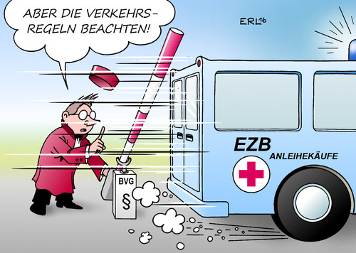 Cartoon: EZB Karlsruhe (medium) by Erl tagged erl,karikatur,richter,karlsruhe,bundesverfassungsgericht,bvg,gerichtshof,europäischer,eugh,urteil,rettungswagen,esm,rettung,programm,schuldner,staaten,banken,geld,aufkauf,staatsanleihen,krise,euro,draghi,zentralbank,europäische,ezb,europa,ezb,europäische,zentralbank,euro,krise,staatsanleihen,aufkauf,geld,banken,staaten,schuldner,programm,rettung,esm,finanzen,wirtschaft,rettungswagen,urteil,eugh,europäischer,luxemburg,gerichtshof,bvg,bundesverfassungsgericht,karlsruhe,richter,bedingungen,verkehrsregeln,schranke,karikatur,erl