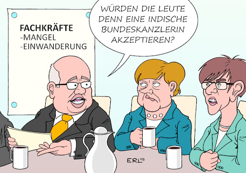 Cartoon: Fachkräftemangel (medium) by Erl tagged politik,arbeit,beschäftigung,jobs,fachkräfte,fachkräftemangel,fachkräfteeinwanderung,einwanderung,indien,gipfel,kanzleramt,wirtschaftsminister,peter,altmaier,bundeskanzlerin,angela,merkel,annegret,kramp,karrenbauer,nachfolgerin,cdu,karikatur,erl,politik,arbeit,beschäftigung,jobs,fachkräfte,fachkräftemangel,fachkräfteeinwanderung,einwanderung,indien,gipfel,kanzleramt,wirtschaftsminister,peter,altmaier,bundeskanzlerin,angela,merkel,annegret,kramp,karrenbauer,nachfolgerin,cdu,karikatur,erl