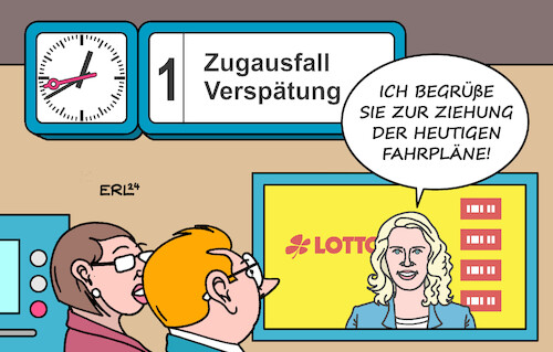 Cartoon: Fahrpläne Bahn (medium) by Erl tagged politik,verkehr,öffentlich,bahn,marode,schienennetz,zug,züge,ausfälle,zugausfall,verspätung,verspätungen,fahrplan,lotterie,lotto,ziehung,der,lottozahlen,aus,49,lottofee,franziska,reichenbacher,bahnhof,frau,mann,karikatur,erl,politik,verkehr,öffentlich,bahn,marode,schienennetz,zug,züge,ausfälle,zugausfall,verspätung,verspätungen,fahrplan,lotterie,lotto,ziehung,der,lottozahlen,aus,49,lottofee,franziska,reichenbacher,bahnhof,frau,mann,karikatur,erl