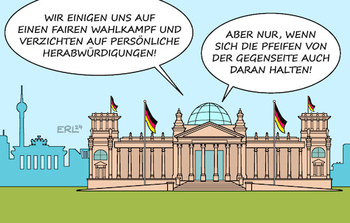 Cartoon: Fairness im Wahlkampf (medium) by Erl tagged politik,neuwahlen,wahlkampf,vereinbarung,fairness,verzicht,beleidigung,bundestag,parteien,karikatur,erl,politik,neuwahlen,wahlkampf,vereinbarung,fairness,verzicht,beleidigung,bundestag,parteien,karikatur,erl