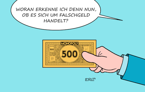 Cartoon: Falschgeld (medium) by Erl tagged politik,kriminalität,betrug,falschgeld,umlauf,erkennen,spielgeld,monopoly,karikatur,erl,politik,kriminalität,betrug,falschgeld,umlauf,erkennen,spielgeld,monopoly,karikatur,erl