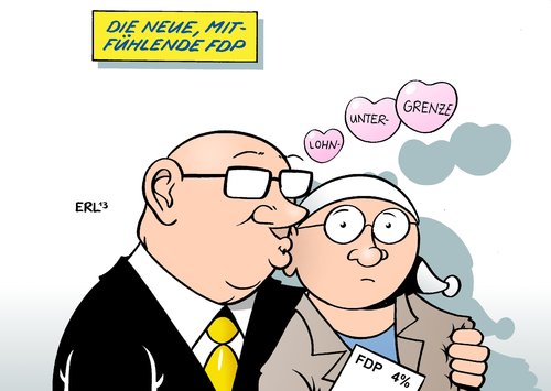 Cartoon: FDP (medium) by Erl tagged fdp,parteitag,mindestlohn,lohnuntergrenze,wirtschaft,sozial,kälte,image,neu,wähler,kuss,umfrage,vier,prozent,fdp,parteitag,mindestlohn,lohnuntergrenze,wirtschaft,sozial,kälte,image,neu,wähler,kuss,umfrage,vier,prozent