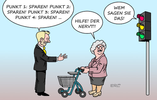 Cartoon: FDP (medium) by Erl tagged politik,bundesregierung,spd,grüne,fdp,umfragetief,profilierung,finanzminister,christian,lindner,wirtschaftswende,haushaltswende,fünf,punkte,plan,sparen,rente,63,sozialleistungen,streit,ampel,rentnerin,rollator,karikatur,erl,politik,bundesregierung,spd,grüne,fdp,umfragetief,profilierung,finanzminister,christian,lindner,wirtschaftswende,haushaltswende,fünf,punkte,plan,sparen,rente,63,sozialleistungen,streit,ampel,rentnerin,rollator,karikatur,erl