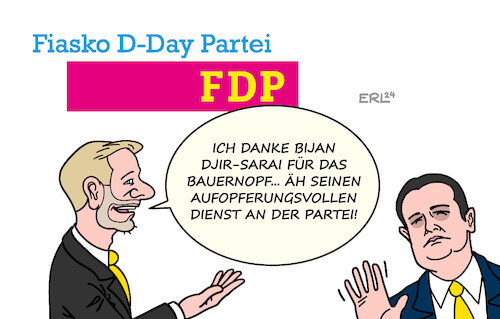 Cartoon: FDP (medium) by Erl tagged politik,ampel,aus,fdp,planung,day,leugnung,rücktritt,bauernopfer,generalsekretär,djir,sarai,lindner,karikatur,erl,politik,ampel,aus,fdp,planung,day,leugnung,rücktritt,bauernopfer,generalsekretär,djir,sarai,lindner,karikatur,erl