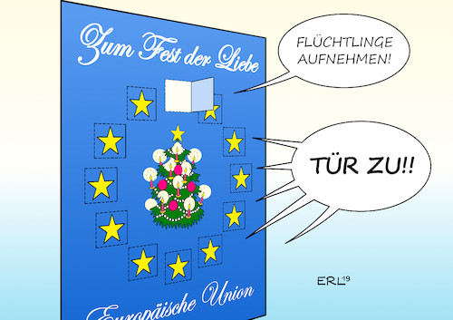 Cartoon: Fest der Liebe (medium) by Erl tagged politik,weihnachten,fest,liebe,eu,flüchtlingslager,lesbos,vorschlag,robert,habeck,die,grünen,aufnahme,union,fdp,ablehnung,weihnachtsgeschichte,suche,herberge,jesus,josef,maria,adventskalender,tür,türchen,karikatur,erl,politik,weihnachten,fest,liebe,eu,flüchtlingslager,lesbos,vorschlag,robert,habeck,die,grünen,aufnahme,union,fdp,ablehnung,weihnachtsgeschichte,suche,herberge,jesus,josef,maria,adventskalender,tür,türchen,karikatur,erl