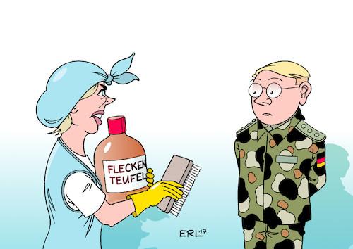 Cartoon: Fleckenteufel (medium) by Erl tagged verteidigungsministerin,ursula,von,der,leyen,kritik,bundeswehr,aufnahmerituale,demütigung,sadismus,oberleutnant,doppelleben,asylbewerber,anschlag,plan,rechtsextremismus,flecken,braun,fleckenwasser,fleckenentferner,tarnfleck,bürger,in,uniform,demokratie,ka,bundeswehr