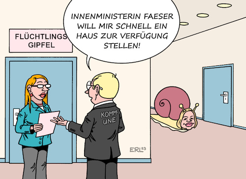 Cartoon: Flüchtlingsgipfel (medium) by Erl tagged politik,flüchtlinge,geflüchtete,syrien,afghanistan,afrika,ukraine,krieg,russland,landkreise,kommunen,alarm,unterbringung,flüchtlingsgipfel,innenministerin,nancy,faeser,versprechen,abhilfe,lösung,schnecke,haus,karikatur,erl,politik,flüchtlinge,geflüchtete,syrien,afghanistan,afrika,ukraine,krieg,russland,landkreise,kommunen,alarm,unterbringung,flüchtlingsgipfel,innenministerin,nancy,faeser,versprechen,abhilfe,lösung,schnecke,haus,karikatur,erl