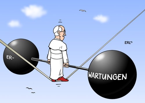 Cartoon: Franziskus I (medium) by Erl tagged papst,franziskus,kardinal,jorge,mario,bergoglio,argentienien,kirche,katholisch,führung,glaube,gläubige,erwartungen,amt,last,bürde,drahtseilakt,balance,papst,franziskus,kardinal,jorge,mario,bergoglio,argentienien,kirche,katholisch,führung,glaube,gläubige,erwartungen,amt,last,bürde,drahtseilakt,balance