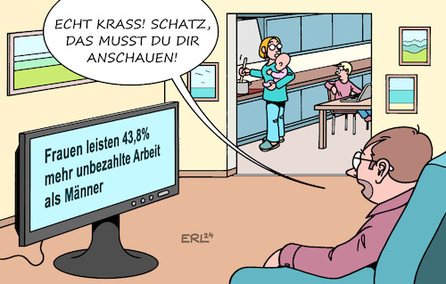 Cartoon: Frauenarbeit (medium) by Erl tagged politik,internationaler,frauentag,gleichberechtigung,frau,mann,gender,pay,gap,lohnlücke,lohn,gehalt,verdienst,arbeit,unbezahlt,care,mehrarbeit,haushalt,kinder,erziehung,pflege,nachrichten,fernsehen,karikatur,erl,politik,internationaler,frauentag,gleichberechtigung,frau,mann,gender,pay,gap,lohnlücke,lohn,gehalt,verdienst,arbeit,unbezahlt,care,mehrarbeit,haushalt,kinder,erziehung,pflege,nachrichten,fernsehen,karikatur,erl