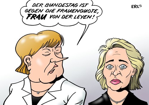 Cartoon: Frauenquote (medium) by Erl tagged frauenquote,frau,mann,geschlecht,vorstand,führungsetage,cdu,gespalten,bundeskanzlerin,angela,merkel,arbeitsministerin,ursula,von,der,leyen,abstimmung,bundestag,niederlage,frauenquote