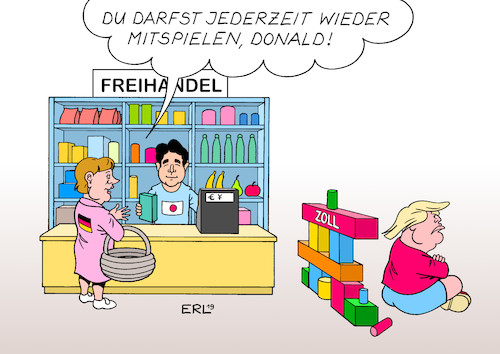 Cartoon: Freihandel (medium) by Erl tagged politik,wirtschaft,handel,freihandel,abkommen,deutschland,japan,besuch,bundeskanzlerin,angela,merkel,premierminister,shinzo,abe,usa,präsident,donald,trump,handelskrieg,strafzölle,zölle,kindergarten,kaufmannsladen,einkaufen,kaufen,verkaufen,karikatur,erl,politik,wirtschaft,handel,deutschlad,japan,karikatur,erl