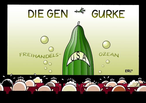 Cartoon: Freihandelsbkommen (medium) by Erl tagged freihandelsbkommen,verhandlung,usa,eu,angst,gen,genmanipuliert,lebensmittel,gurke,horror,horrorfilm,der,weiße,hai,ozean,freihandelszone,freihandelsbkommen,verhandlung,usa,eu,angst,gen,genmanipuliert,lebensmittel,gurke,horror,horrorfilm,der,weiße,hai,ozean,freihandelszone