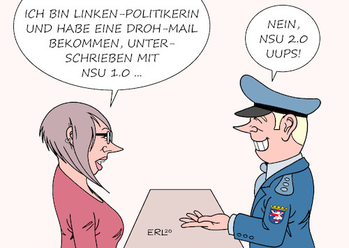 Cartoon: Freund und Helfer (medium) by Erl tagged politik,politikerin,linke,drohmails,mails,unterschrift,nsu,punkt,rechtsterrorismus,rechtsextremismus,absender,polizeicomputer,polizei,freund,und,helfer,karikatur,erl,politik,politikerin,linke,drohmails,mails,unterschrift,nsu,punkt,rechtsterrorismus,rechtsextremismus,absender,polizeicomputer,polizei,freund,und,helfer,karikatur,erl