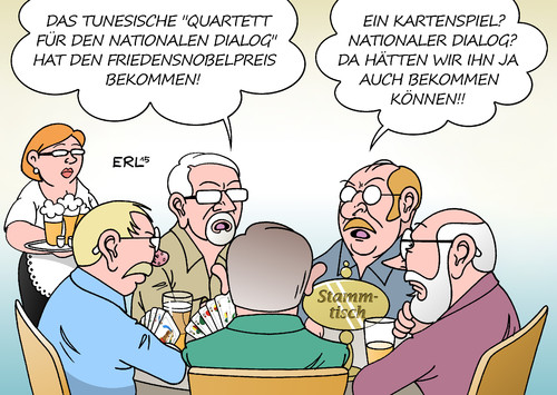 Cartoon: Friedensnobelpreis (medium) by Erl tagged friedensnobelpreis,tunesien,quartett,für,den,nationalen,dialog,frieden,demokratie,terror,gewalt,islamismus,eu,deutschland,flüchtlinge,stammtisch,kartenspiel,national,gespräch,diskussion,karikatur,erl,friedensnobelpreis,tunesien,quartett,für,den,nationalen,dialog,frieden,demokratie,terror,gewalt,islamismus,eu,deutschland,flüchtlinge,stammtisch,kartenspiel,national,gespräch,diskussion,karikatur,erl