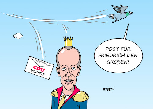 Cartoon: Friedrich der Große (medium) by Erl tagged politik,partei,cdu,wahl,digital,vorsitz,friedrich,merz,bestätigung,briefwahl,post,brieftaube,der,große,könig,krone,karikatur,erl,politik,partei,cdu,wahl,digital,vorsitz,friedrich,merz,bestätigung,briefwahl,post,brieftaube,der,große,könig,krone,karikatur,erl