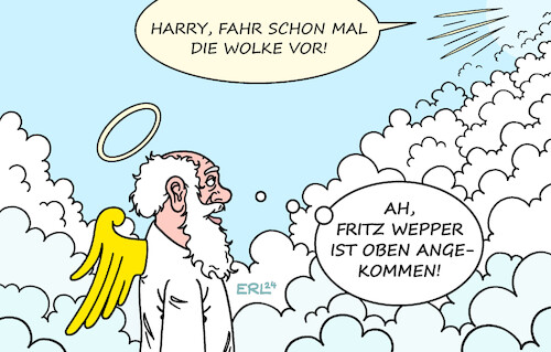 Cartoon: Fritz Wepper 1941 - 2024 (medium) by Erl tagged politik,kunst,schauspiel,schauspieler,fritz,wepper,tod,film,fernsehen,krimi,serie,derrick,rolle,assistent,harry,klein,wagen,vorfahren,wolke,himmel,petrus,karikatur,erl,politik,kunst,schauspiel,schauspieler,fritz,wepper,tod,film,fernsehen,krimi,serie,derrick,rolle,assistent,harry,klein,wagen,vorfahren,wolke,himmel,petrus,karikatur,erl