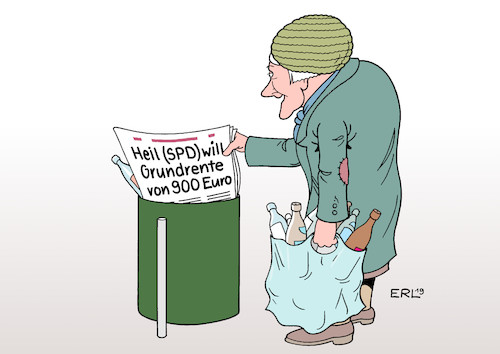 Cartoon: Frohe Botschaft I (medium) by Erl tagged politik,gesellschaft,soziales,alter,altersversorgung,rente,arbeit,altersarmut,armut,vorschlag,arbeitsminister,hubertus,heil,spd,grundrente,900,euro,rentner,rentnerin,flaschensammeln,pfand,zeitung,karikatur,erl,politik,gesellschaft,soziales,alter,altersversorgung,rente,arbeit,altersarmut,armut,vorschlag,arbeitsminister,hubertus,heil,spd,grundrente,900,euro,rentner,rentnerin,flaschensammeln,pfand,zeitung,karikatur,erl